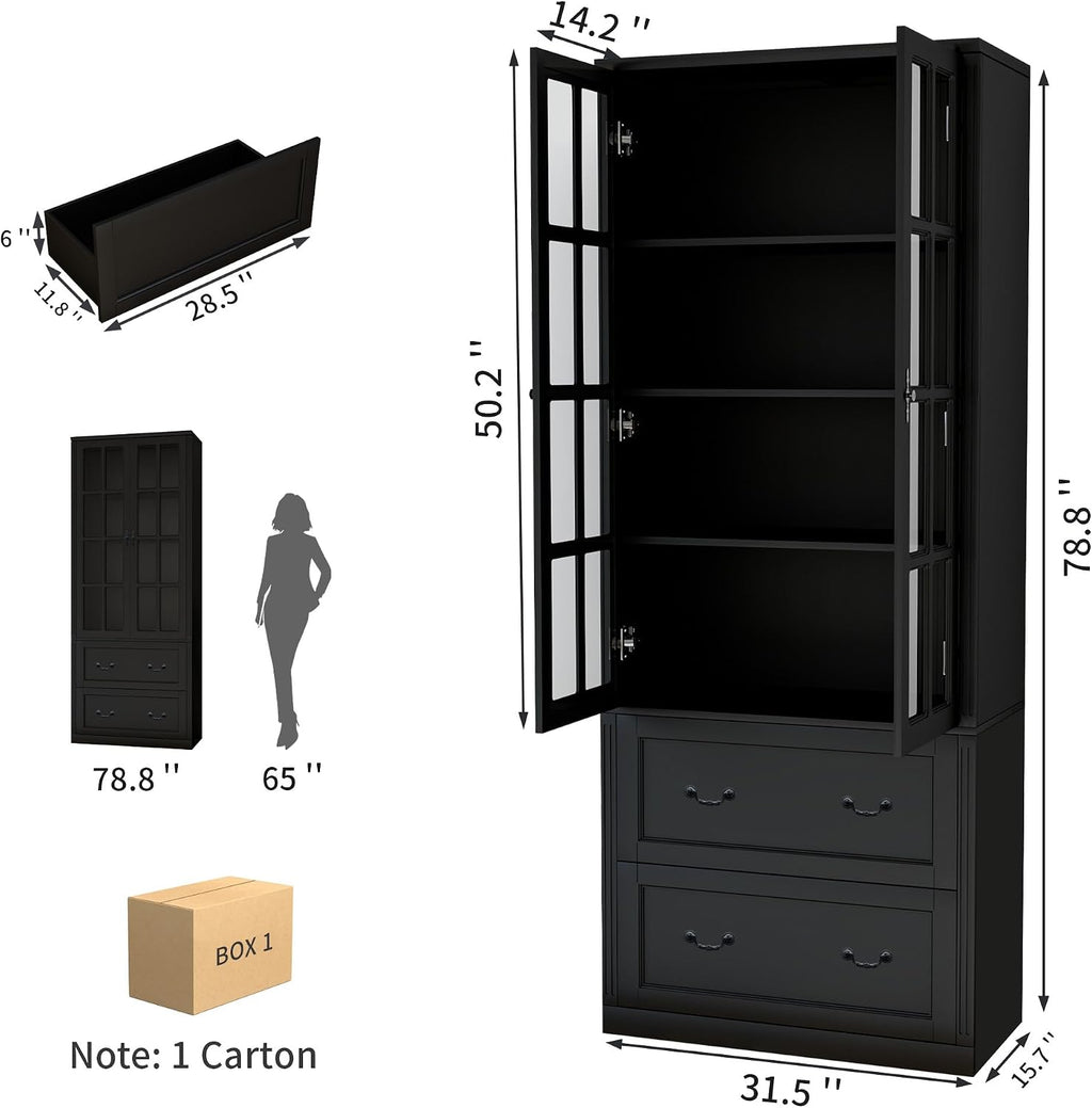 78.8' Tall Bookcase Display Storage Cabinet Hutch with Glass Doors & Drawers - Curio Display Bookshelf Kitchen Pantry for Home, Kitchen, Living Room.