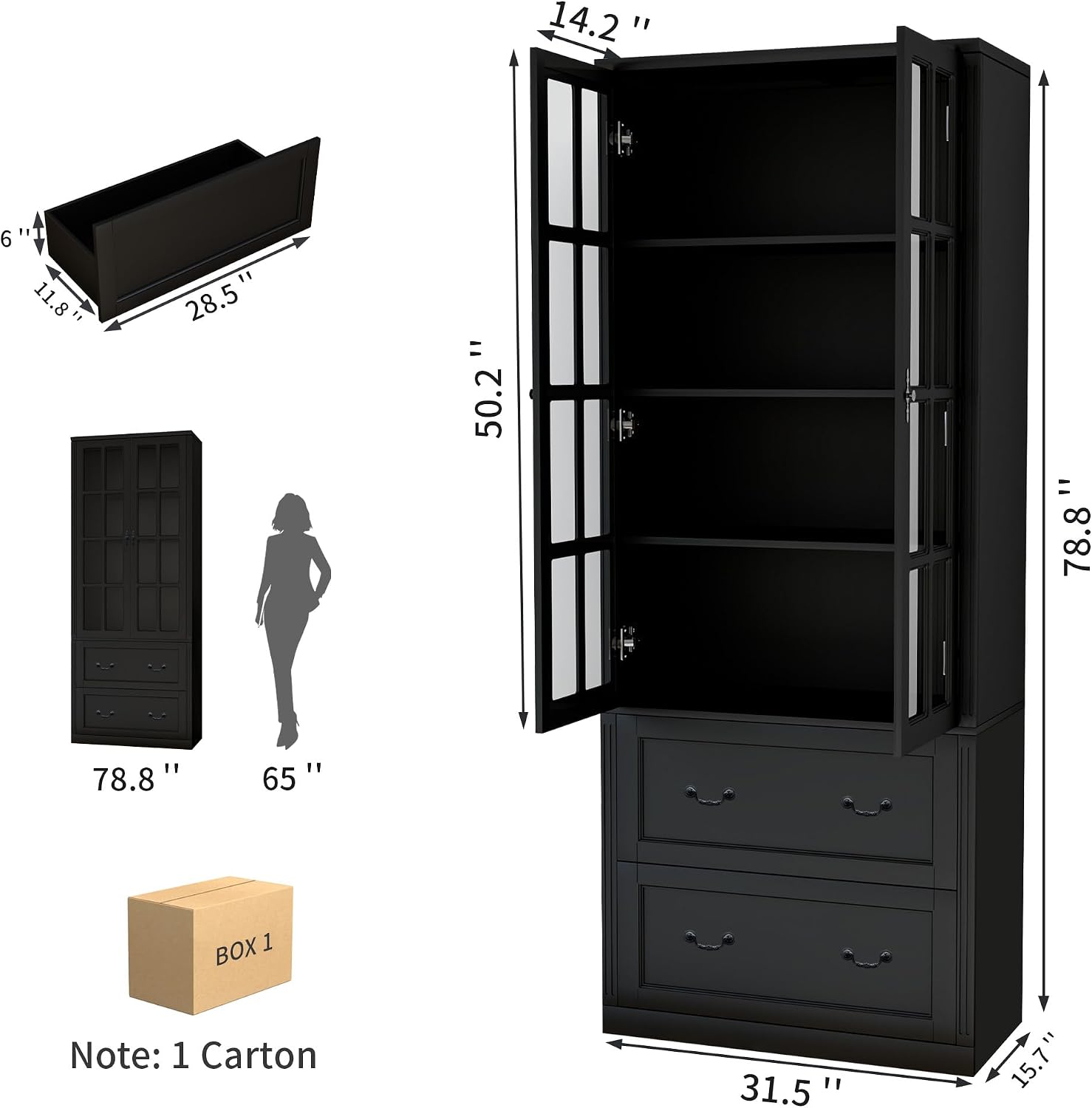 78.8' Tall Bookcase Display Storage Cabinet Hutch with Glass Doors & Drawers - Curio Display Bookshelf Kitchen Pantry for Home, Kitchen, Living Room.