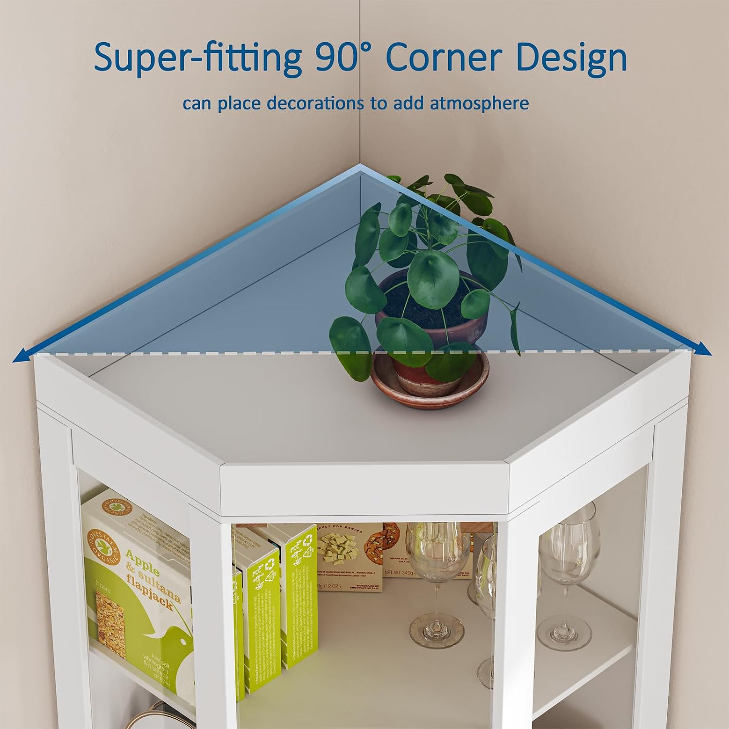70''H Tall Corner Cabinet with Glass Doors,Farmhouse Storage Cabinet with 4 Shelves & Top Guard Rail,Home Pantry Hutch for Bar,Kitchen, Dining Living Room, Bathroom, White