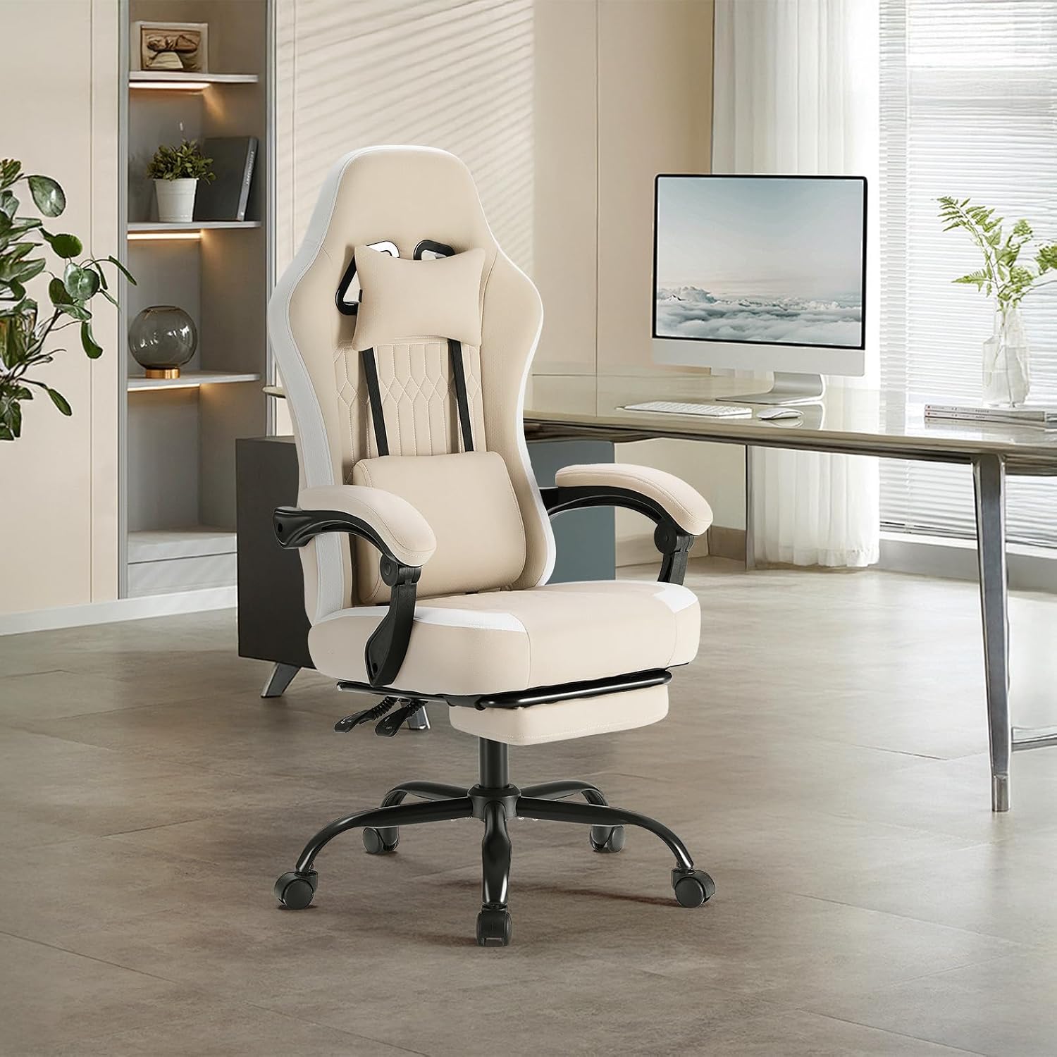 NEWBULIG Gaming Desk Chair - High Back Computer Office Chair with Footrest and Headrest, Comfy Ergonomic Lumbar Support with Linkage Armrests, Height Adjustable and 360° Swivel Wheels, Khaki
