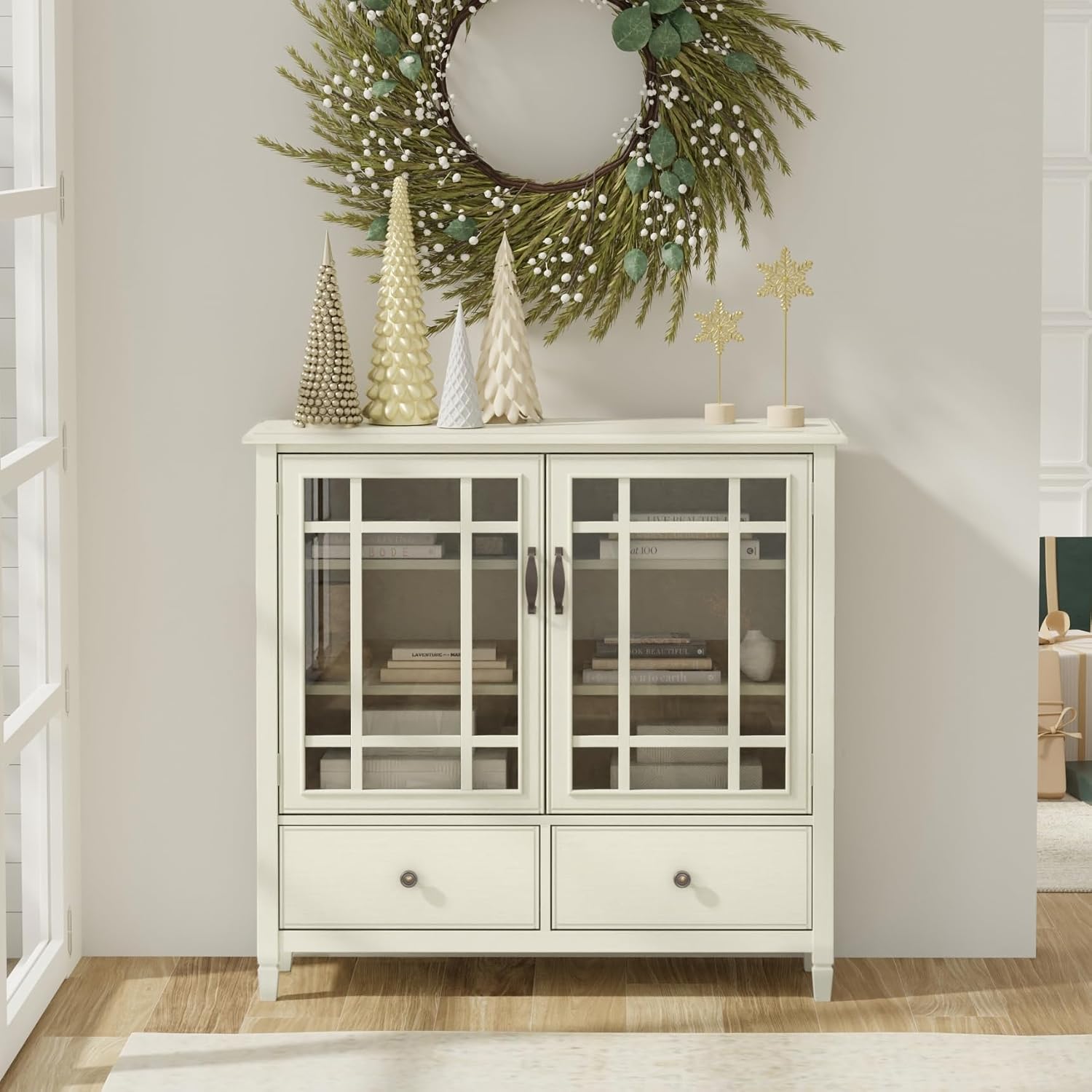 SIMPLIHOME Connaught Storage Cabinet - 46 inch Wide Solid Wood Tall Cabinet in Antique White, Traditional Console for Living Room or Dining Room with Glass Doors, Adjustable Shelves, and Drawers