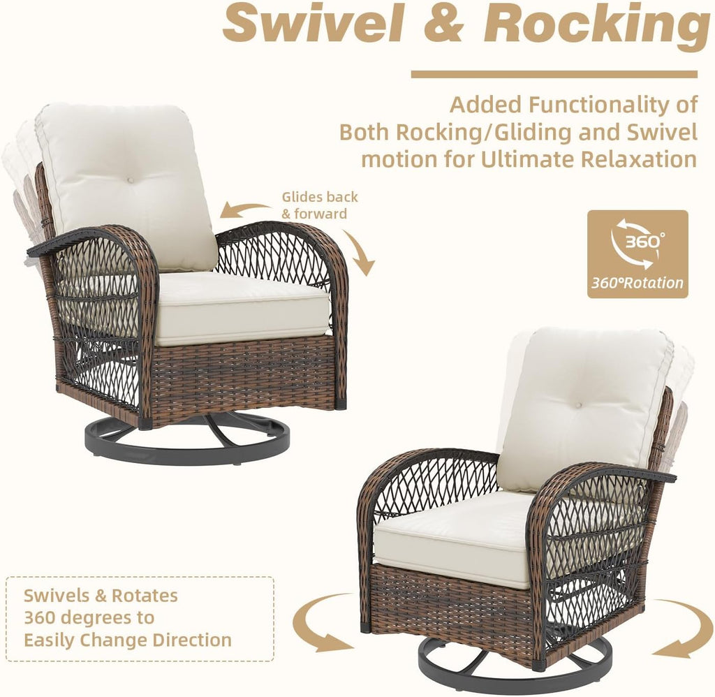 EROMMY 3 Pieces Patio Furniture Set, Outdoor Swivel Rocker Patio Chairs, Wicker Patio Bistro Set with Rocking Chair, Thickened Cushions and Glass Coffee Table for Backyard, Garden, Beige