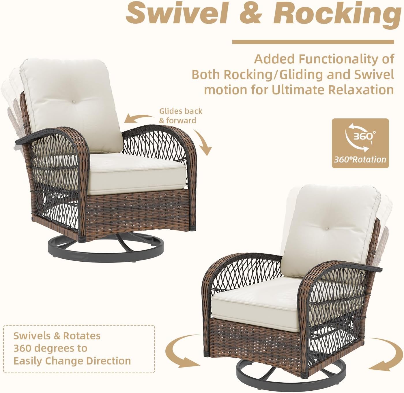 EROMMY 3 Pieces Patio Furniture Set, Outdoor Swivel Rocker Patio Chairs, Wicker Patio Bistro Set with Rocking Chair, Thickened Cushions and Glass Coffee Table for Backyard, Garden, Beige
