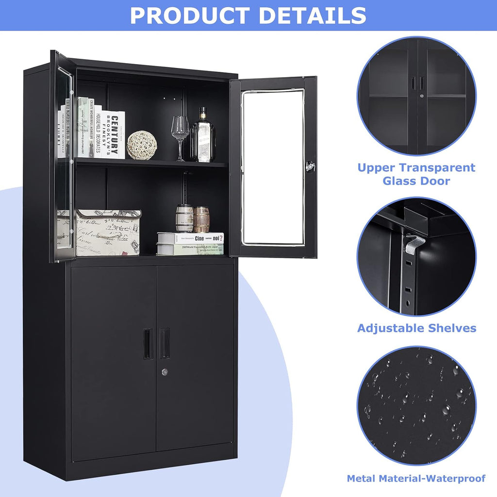 71'H Display Cabinet with Adjustable Shelves, 4 Door Display Cabinets with Glass Door, Black Metal Display case, Locking Steel Storage Caninet for Home/Office/Living Room -Assembly Required