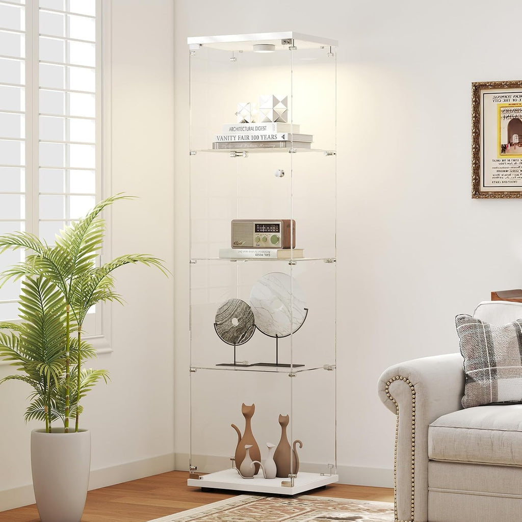 Zevemomo Tempered Glass Display Cabinet with Lights, 4-Tier Curio Cabinet with Glass Doors and Lock, Glass Display Case for Collectibles, for Living Room, Office, Bedroom, Single Door, White
