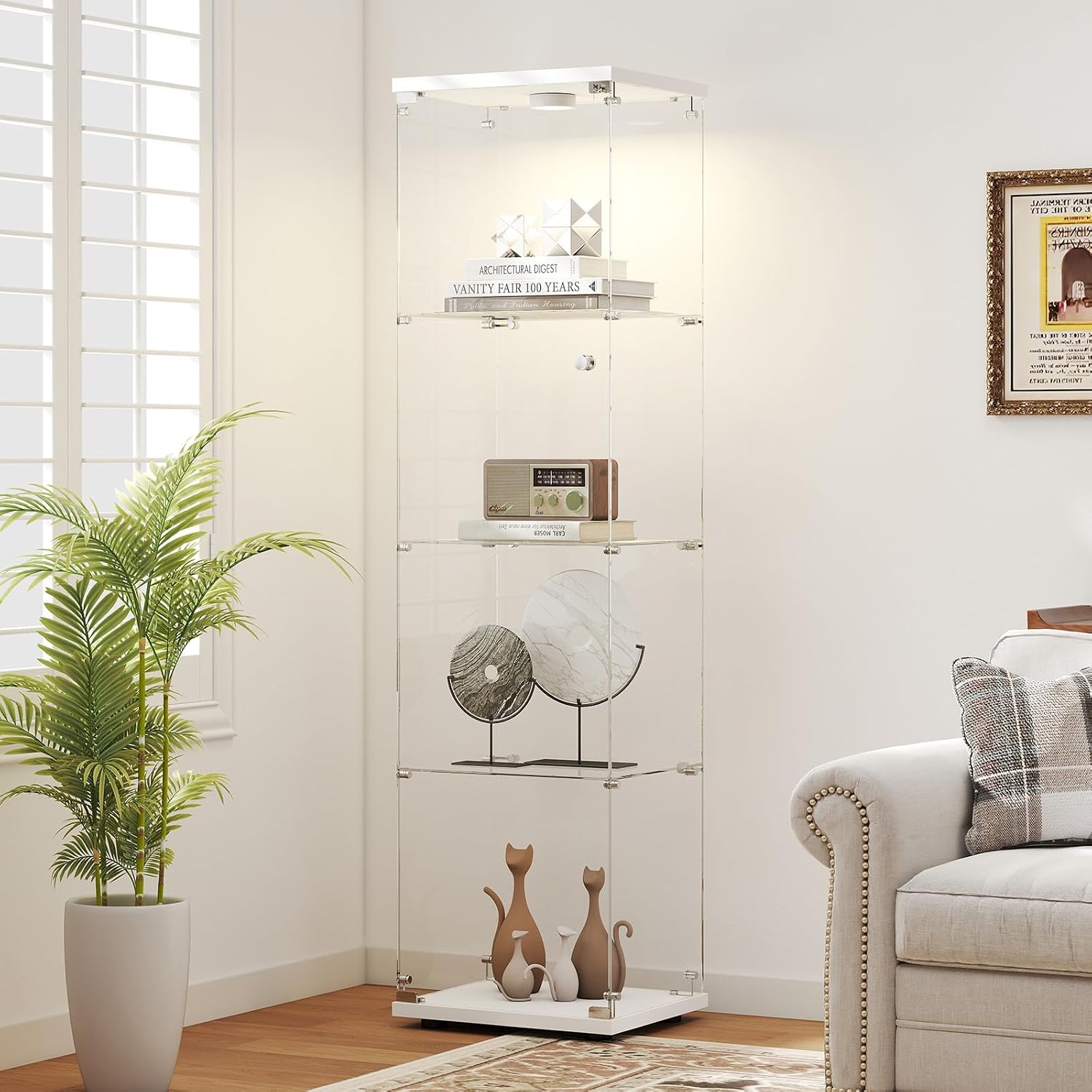 Zevemomo Tempered Glass Display Cabinet with Lights, 4-Tier Curio Cabinet with Glass Doors and Lock, Glass Display Case for Collectibles, for Living Room, Office, Bedroom, Single Door, White