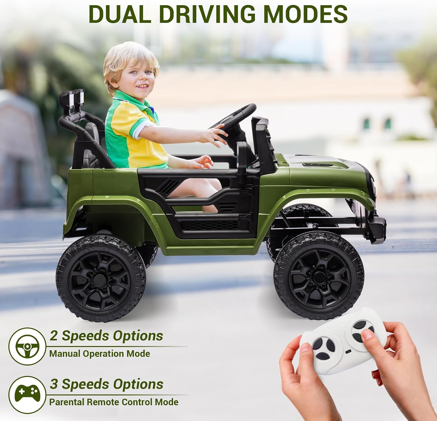 12V Ride On Car for Kids Electric Vehicle Toddlers Battery Powered Truck Car Toy with Remote Control, 4-Wheel Suspension, Battery Display, LED Lights, Music, for Boys Girls, Army Green