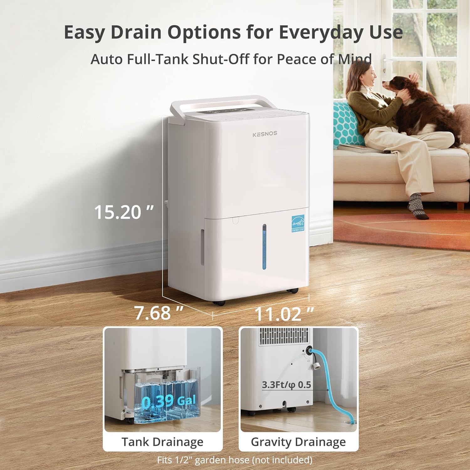 Kesnos 2,500 Sq. Ft. Energy Star 2025 Dehumidifier for Basement & Home, 4 Pre-Set Modes, Timer, Auto Defrost, Ideal for Bedroom with Ultra Quiet 36 dB, 0.39-Gallon Water Tank with Drain Hose