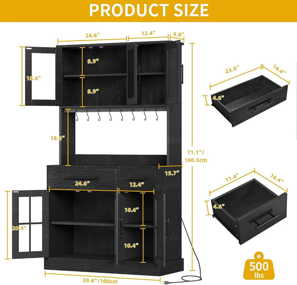 DWVO 2-Pack Kitchen Pantry Storage Cabinet Set, 71'' Tall Coffee Bar Cabinets with Microwave Stand and Power Outlet, Glass Door Kitchen Hutch with Drawers ＆ Shelves for Home Living Dining Room, Black