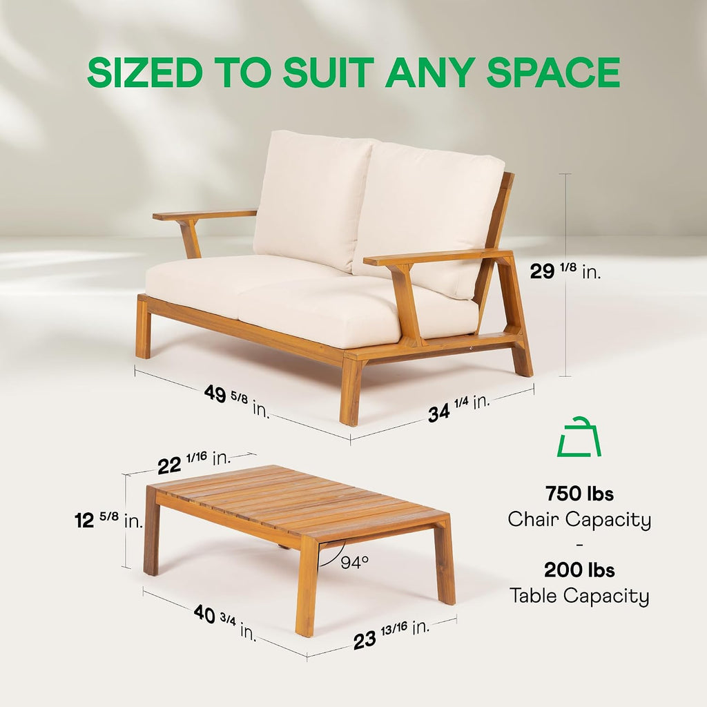 Idzo Jasper Solid Acacia Wood Loveseat Patio Set with Beige Cushions & Coffee Table – Modern Outdoor Furniture for Poolside, Garden, or Deck