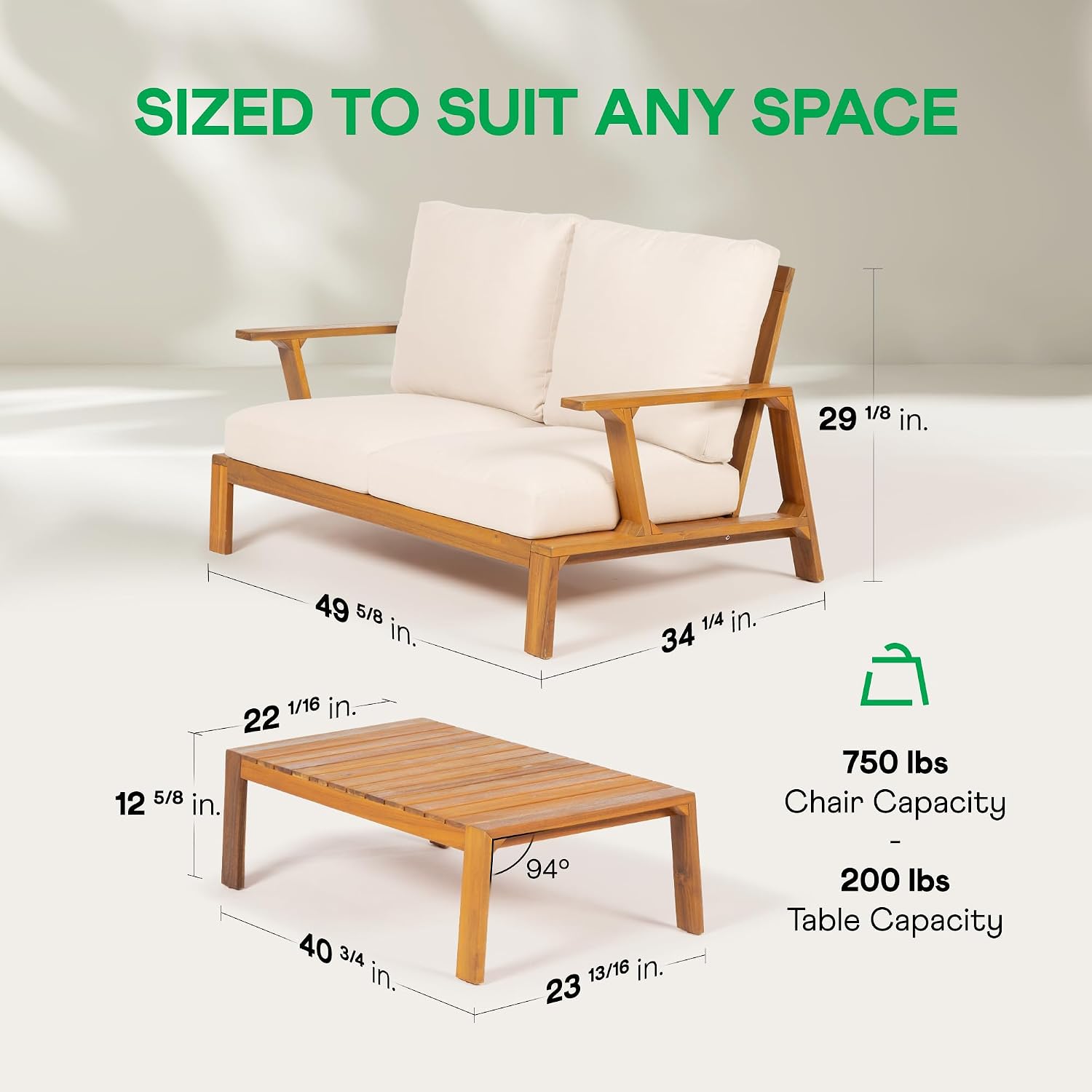 Idzo Jasper Solid Acacia Wood Loveseat Patio Set with Beige Cushions & Coffee Table – Modern Outdoor Furniture for Poolside, Garden, or Deck