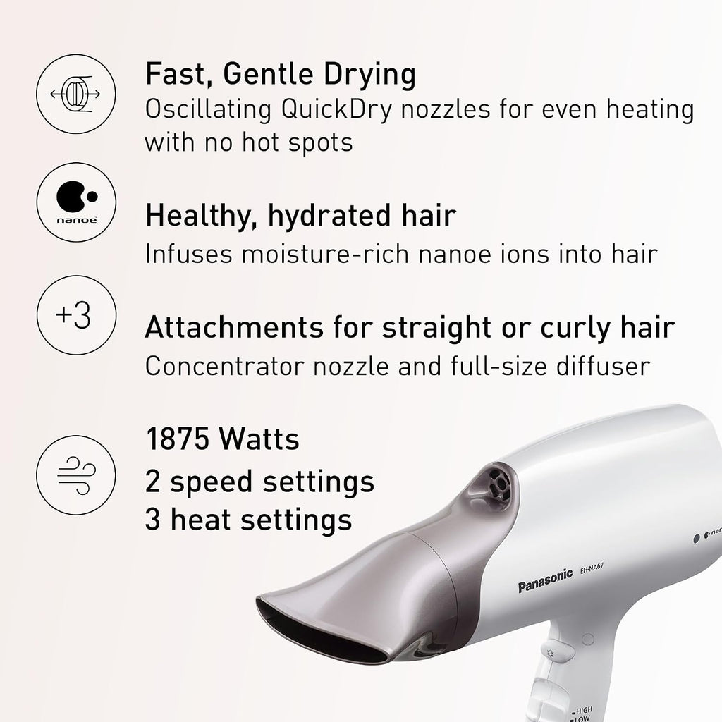 Panasonic Nanoe Salon Hair Dryer with Oscillating QuickDry Nozzle, Blow Dryer with Diffuser and Concentrator Attachments, 3 Speed Heat Settings for Easy Styling and Healthy Hair - EH-NA67-W (White)