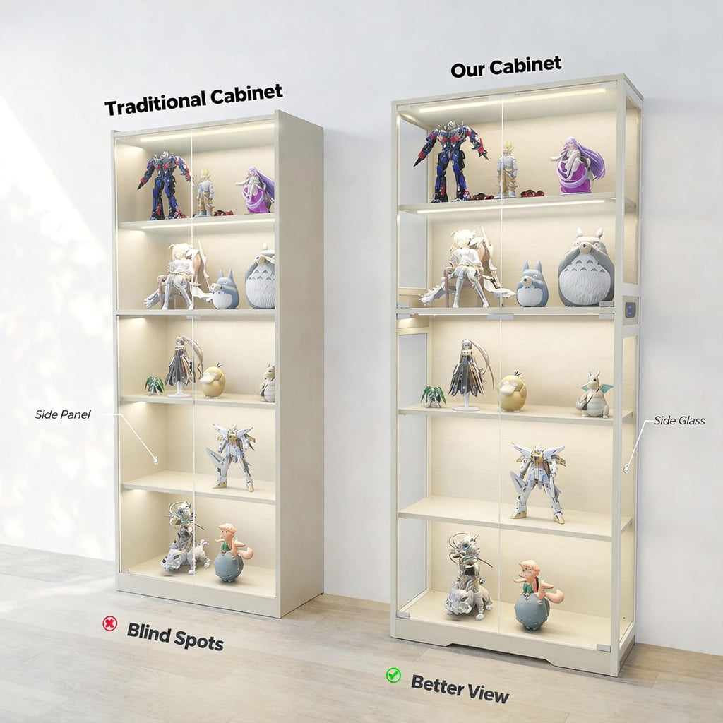 Glass Display Cabinet, 5-Tier Curio Cabinet with Glass Doors, Dimming LED Lights & Motion Sensor, for Collectible Figures, Living Room, Bedroom, or Office (Iron Frame Beige)