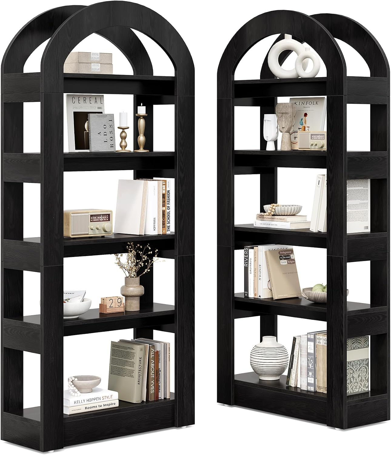 LITTLE TREE 5-Tier Bookshelf, Arch-Shaped Racks, Tall Standing Wooden Bookcase Display Shelf Modern Storage Solution (2, Black)