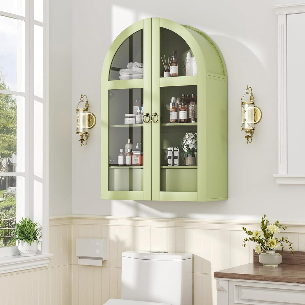 Medicine Cabinet with Tempered Glass Door, Arched Bathroom Wall Cabinet with Adjustable Shelf, for Kitchen, Living Room, Entryway, Laundry Room, Apartment, Office, Small Space, Green