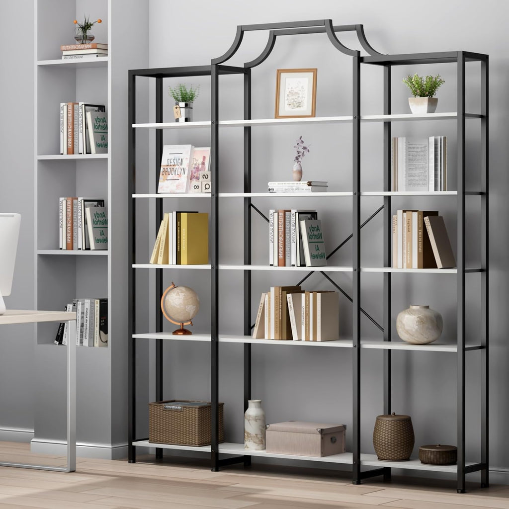 Auromie Triple Wide 5-Tier Bookshelf, 70.87' L x 79.13' H Extra Large Bookcase, Tall Open Etagere Display Shelf with Metal Frame, Freestanding Modern Storage Shelves for Home Office, Black&White