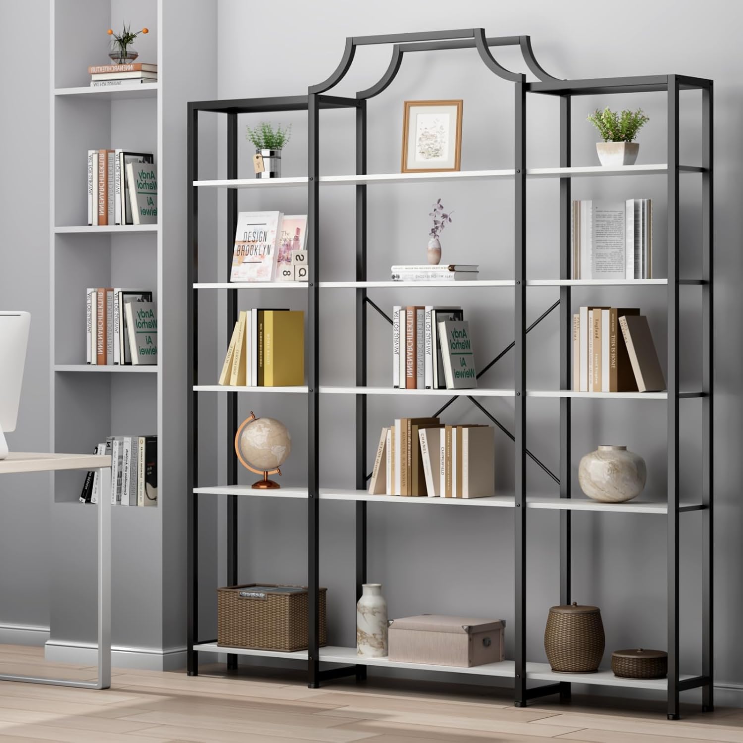 Auromie Triple Wide 5-Tier Bookshelf, 70.87' L x 79.13' H Extra Large Bookcase, Tall Open Etagere Display Shelf with Metal Frame, Freestanding Modern Storage Shelves for Home Office, Black&White