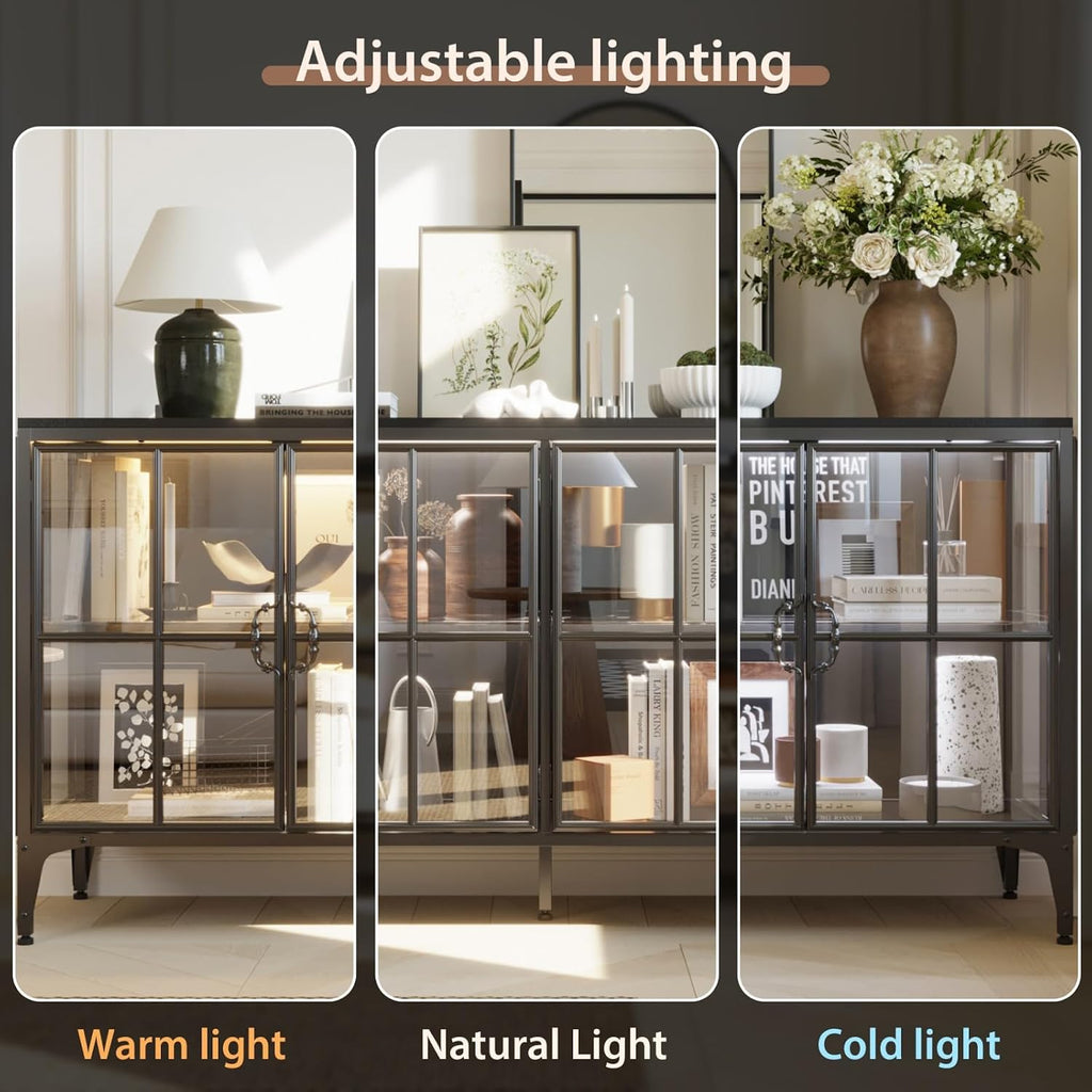 Display Cabinet with Glass Doors & LED Lights, Modern Sideboard Buffet with Glass Shelves, Metal Frame, for Living Room, Black, 63'W x 15.7'D x 31.5'H