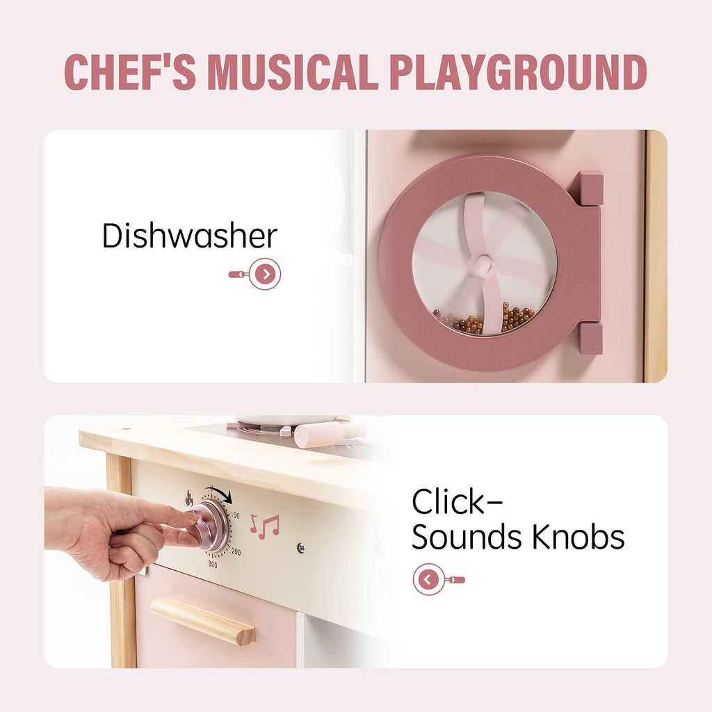 ROBUD Play Kitchen for Kids Toddlers, Wooden Play Kitchen with Realistic Accessories, Toy Kitchen Set with Plenty of Play Features, Modern Style Toy Kitchen for Girls & Boys, Gift for Ages 3+, Pink