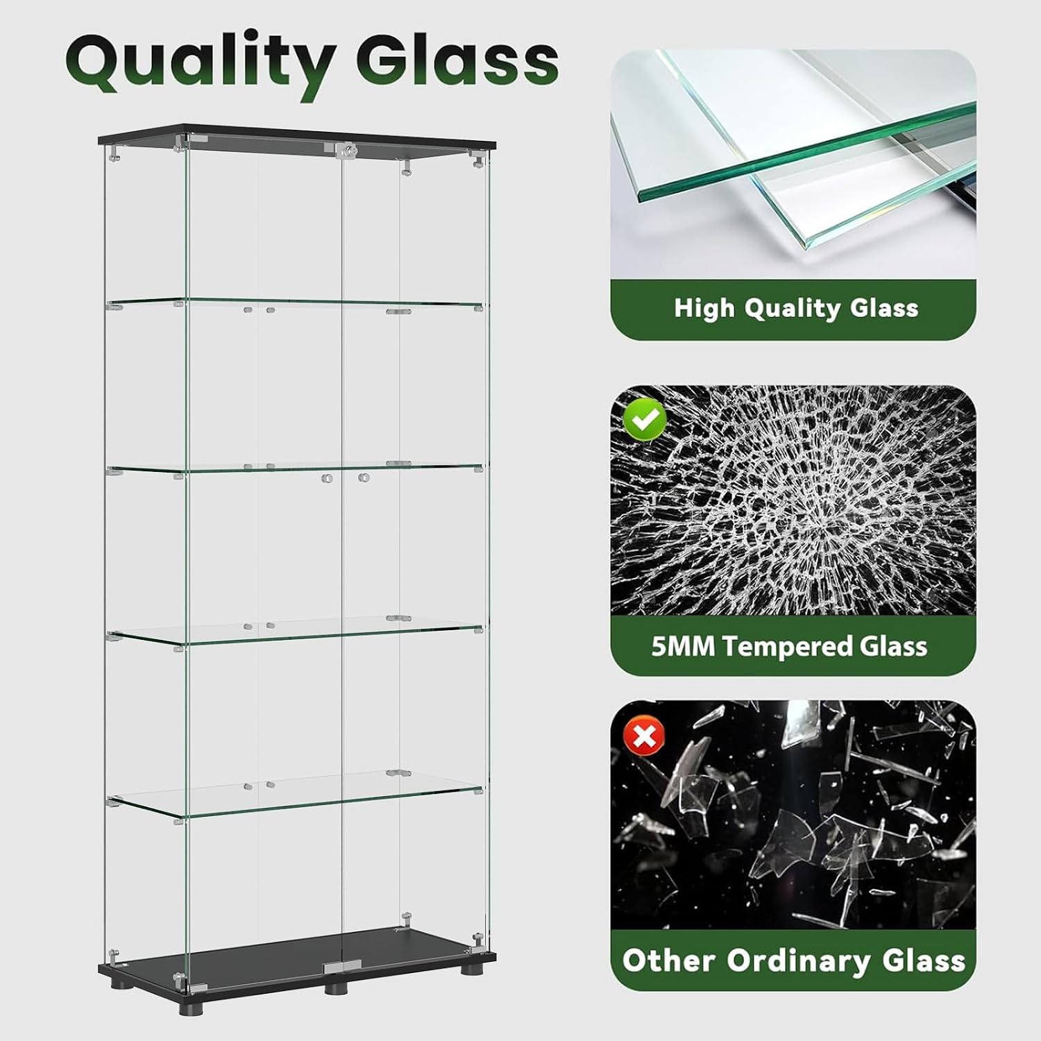 Glass Display Cabinet with 5-Shelf Double Doors and Lock, 5mm Tempered Glass Floor Standing Bookshelf for Living Room, Bedroom, Office, 72 x 32 x 14 in, Black