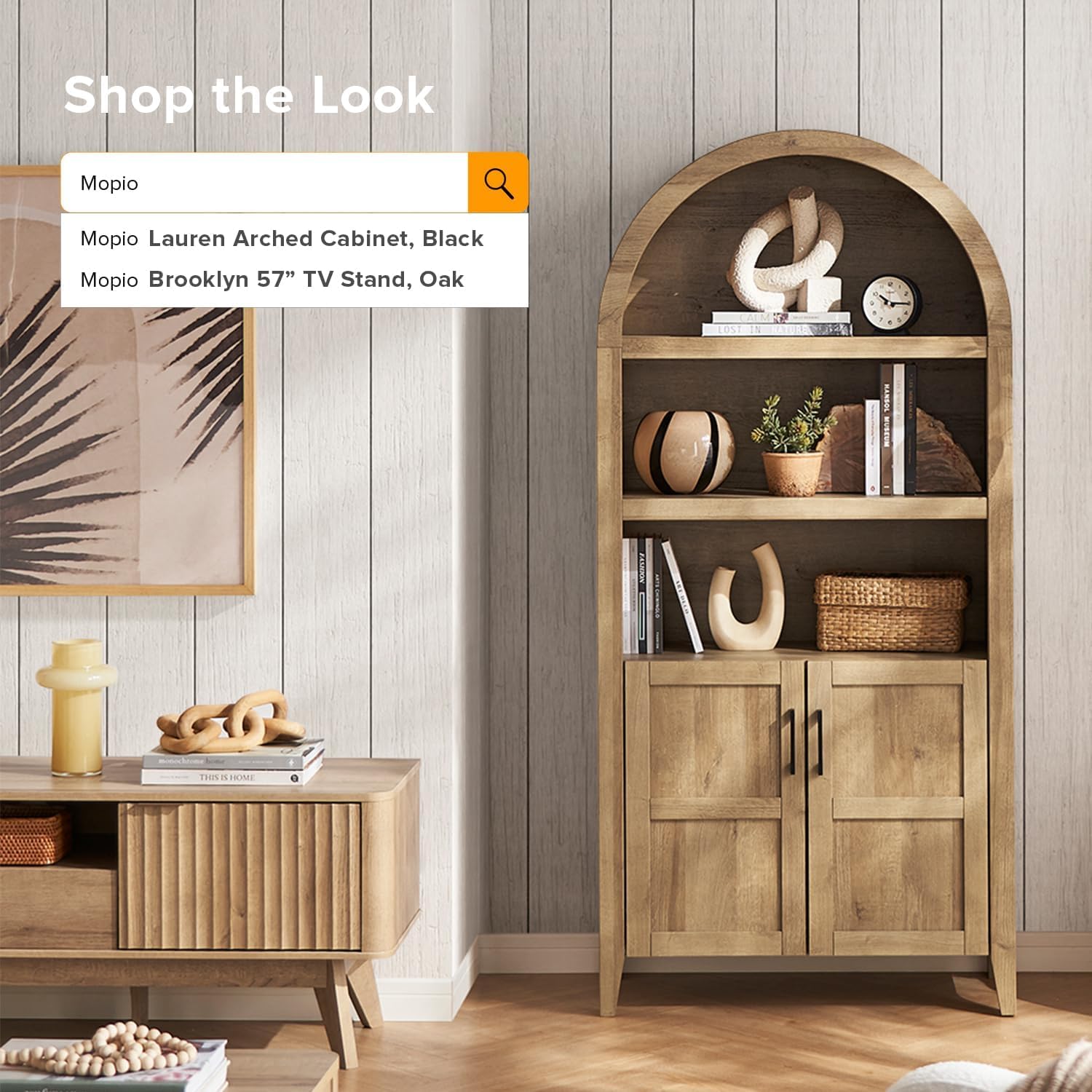 mopio Lauren 65.4' Short Arched Cabinet, 5-Tier Arched Bookcase with Doors and Shelves, Mini Arch Bookshelf with Storage, Wooden Storage Cabinet for Living Room and Kitchen Pantry (Set of 2, Oak)