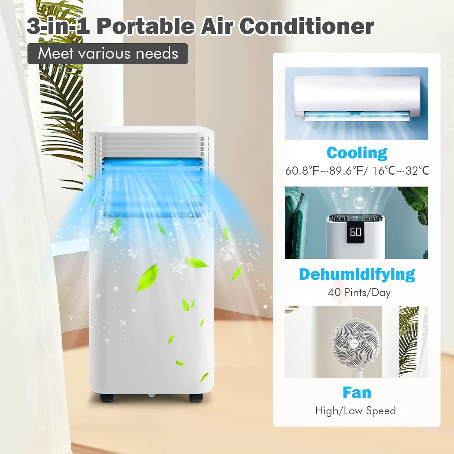 ARLIME Portable Air Conditioners, 8000 BTU Air Unit Cools up to 230 sq. ft. Freestanding Air Cooler w/Fan & Dehumidifier, Remote Control, Window Mount Kits for Home Office, White