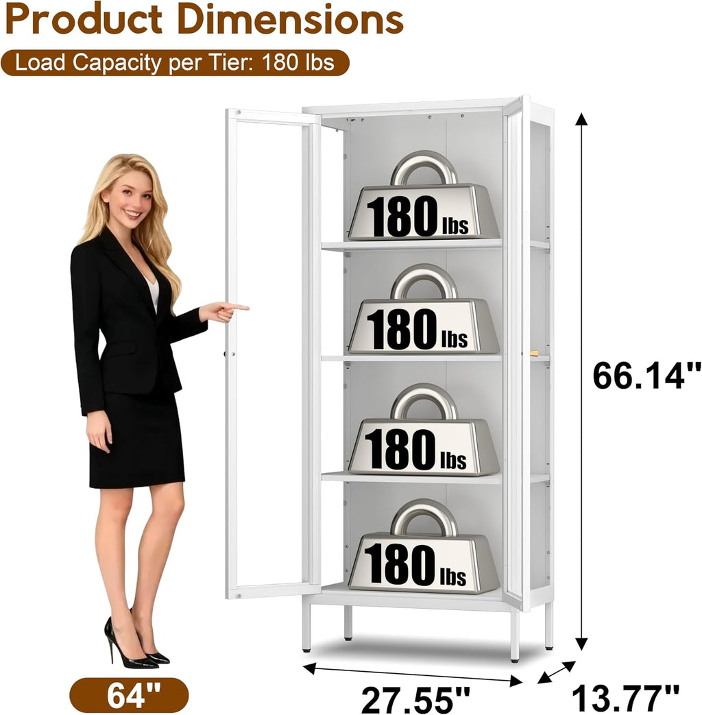 UNICOLY Display Cabinet with Glass Doors, Glass Display Cabinet 4-Tier, Metal Curio Display Cabinet with Tempered Glass Doors for Living Room, Plant, Display Shelf, Assembly Required, White