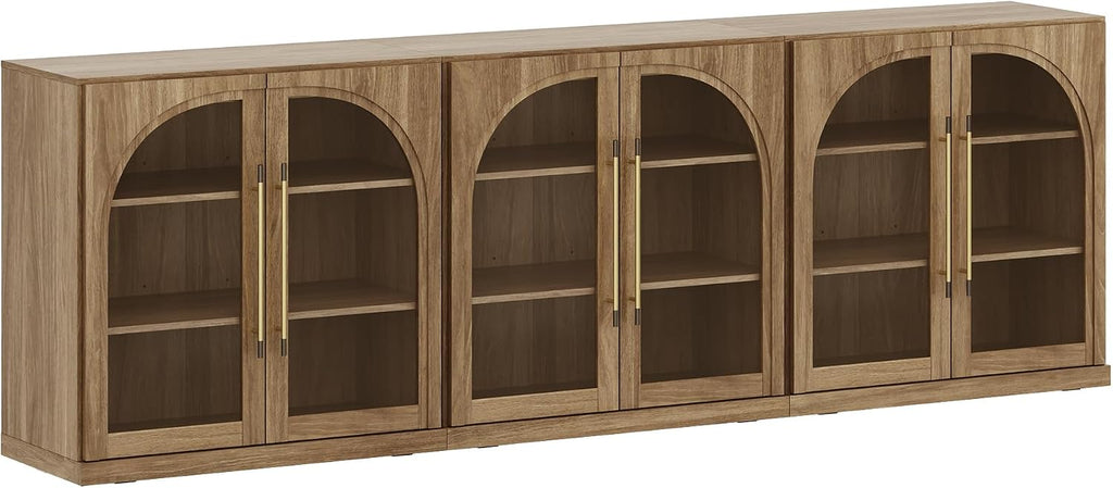BELLEZE Set of 3 Modular Sideboard with Arched Glass Door, 97'' Accent Display Buffet Cabinet with Storage and Adjustable Shelves,Classic Modern Credenza for Dining Room Living Room Entryway (Camel)