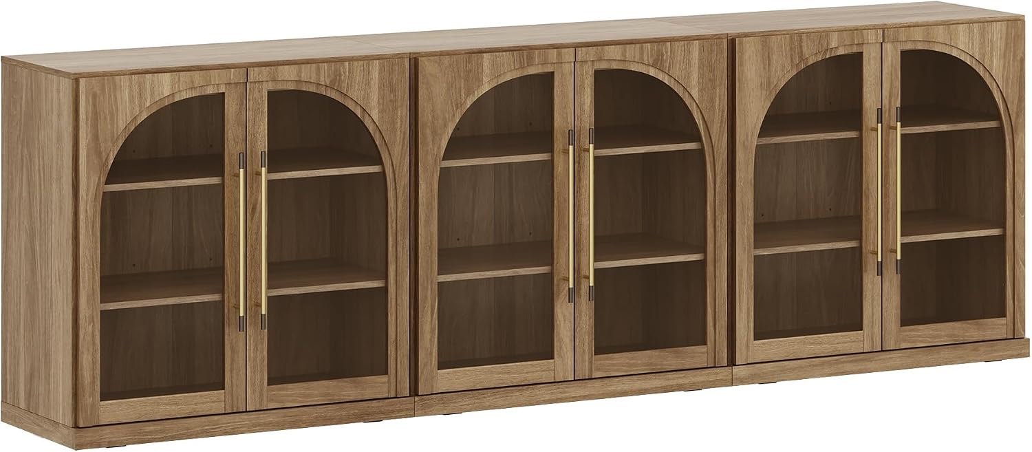 BELLEZE Set of 3 Modular Sideboard with Arched Glass Door, 97'' Accent Display Buffet Cabinet with Storage and Adjustable Shelves,Classic Modern Credenza for Dining Room Living Room Entryway (Camel)