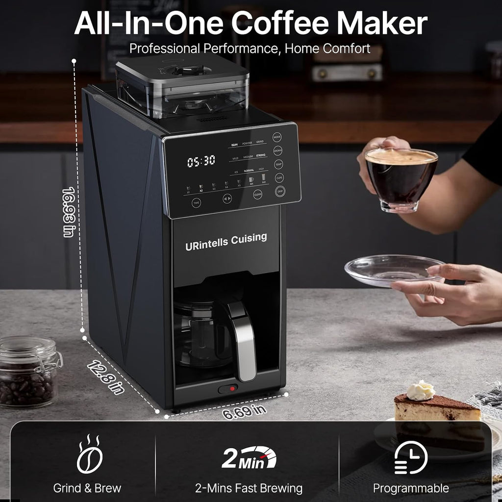 URintells Cuising Coffee Maker with Grinder, 22OZ Drip Coffee Maker with Glass Carafe and Removable Filter, Programmable Hot and Cold Bean to Cup Coffee Machine with Timer, Auto Shut Off