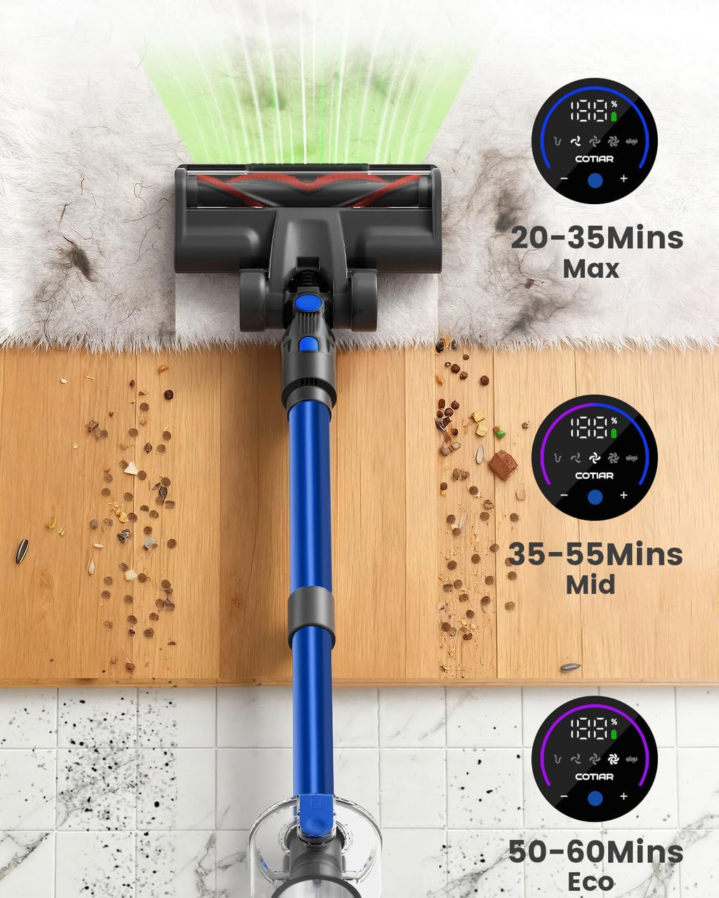 Cordless Vacuum Cleaner, 650W 48KPA 60Min Wireless Vacuum for Home，Stick Vacuum with Green Light Anti-Tangle, Rechargeable Vacuum Cleaners for Pet Hair Carpet Hard Floors (Blue)
