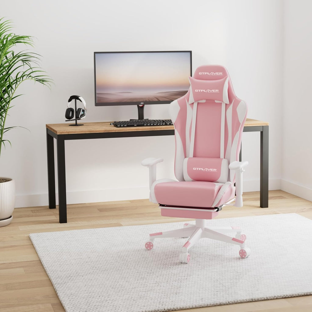 GTPLAYER Gaming Chair with Footrest, Ergonomic Computer Game Desk Chair, Reclining Gamer Chair Seat Height Adjustment, Swivel Rocker with Headrest and Lumbar (Pink)