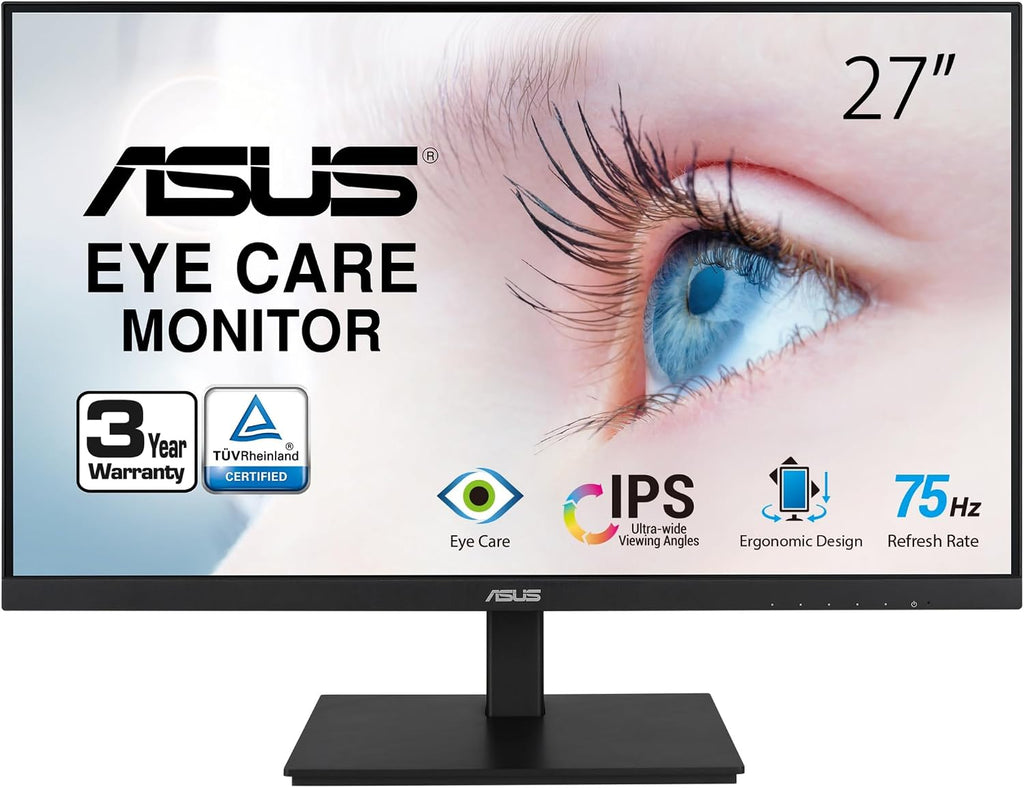 ASUS VA27DQSB 27' Monitor, 1080P Full HD, 75Hz, IPS, Adaptive-Sync, Eye Care, HDMI DisplayPort VGA USB Hub, Frameless, Ergonomic Design, VESA Wall Mountable,Black