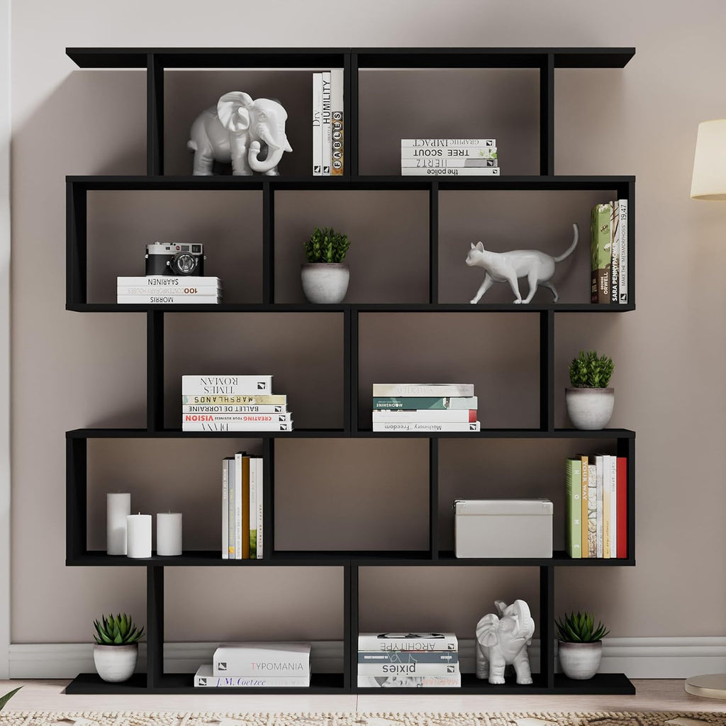 Cozy Castle Set of 2 Geometric Bookcase, S-Shaped Modern Bookshelf, Room Divider Bookshelf, 62' Tall Unique Abstract Bookcase with 5-Tier Display Shelf for Living Room Office, Black