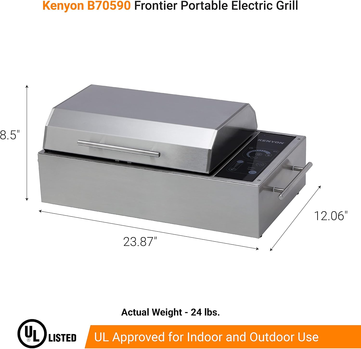 Kenyon Frontier Portable Electric Grill, Single Burner With IntelliKEN Touch Control, Stainless Steel Body, Rust-Proof Grill, UL-Approved For Indoor And Outdoor Use, Dishwasher Safe Grates, 120V