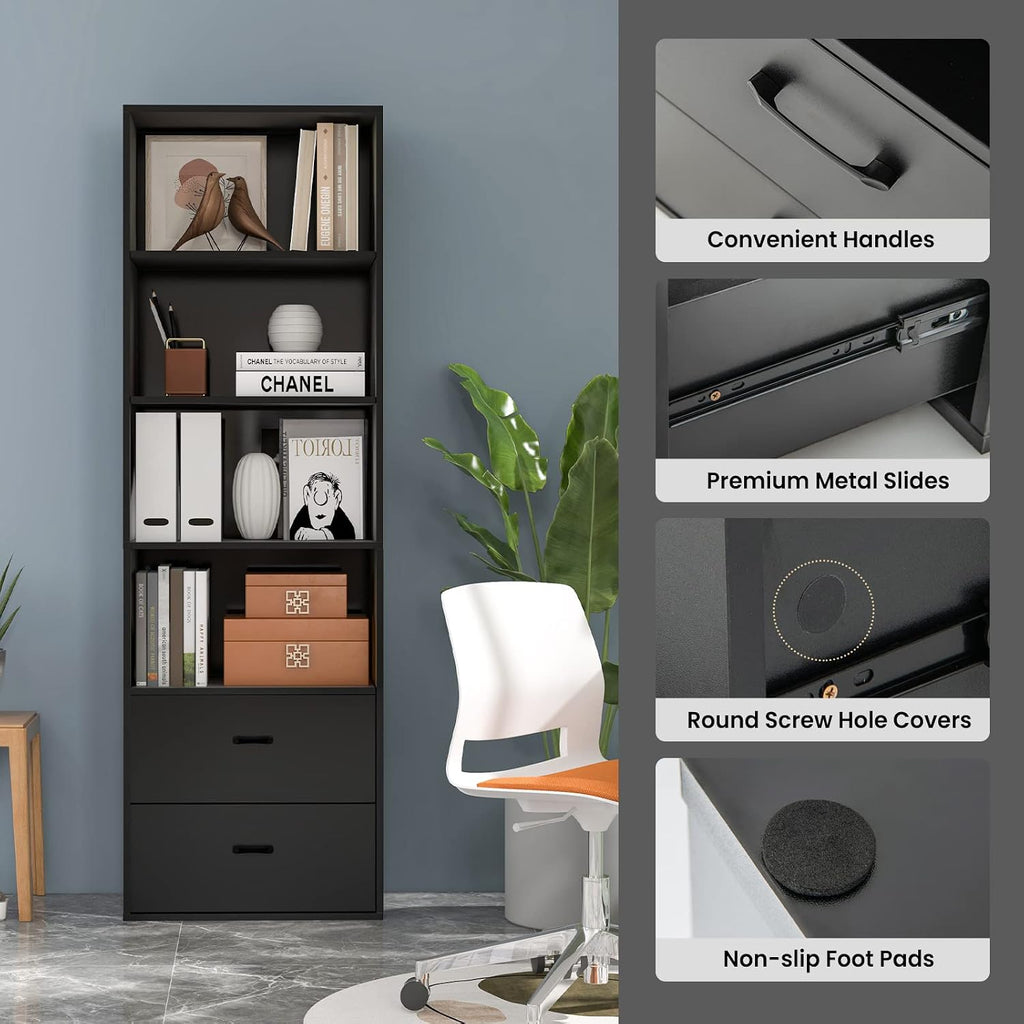Tangkula 4 Shelf Bookcase with 2 Drawers, 74 Inch 4 Tiers Tall Open Bookshelf with 2 Slide-Out Drawers, Anti-toppling Device, Freestanding Wood Storage Shelf for Home Office (Black, 74' H)