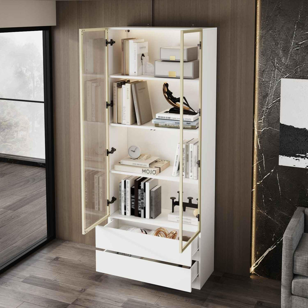Curio Display Cabinet with Light, Storage Shelves with Pop-up Glass Doors, 2 Drawers & 3 Color Light, Collectibles Cabinet Display Shelf, Bookshelf Showcase for Living Room, White w/Drawer