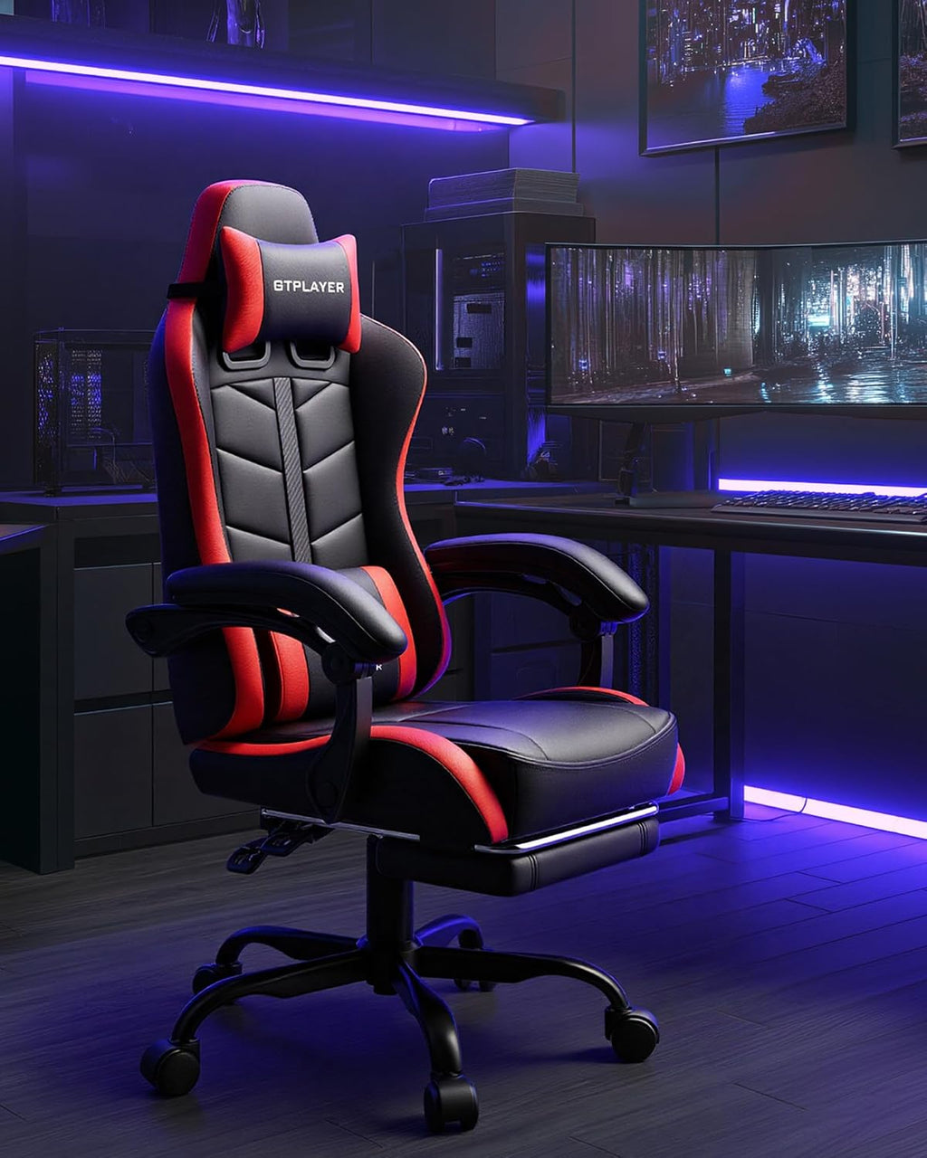 GTPLAYER Gaming Chair for Adults, Ergonomic Computer Gaming Chair with Footrest, Height Adjustable, 90-155° Recline & Removable Headrest Lumbar Support, Black&Red