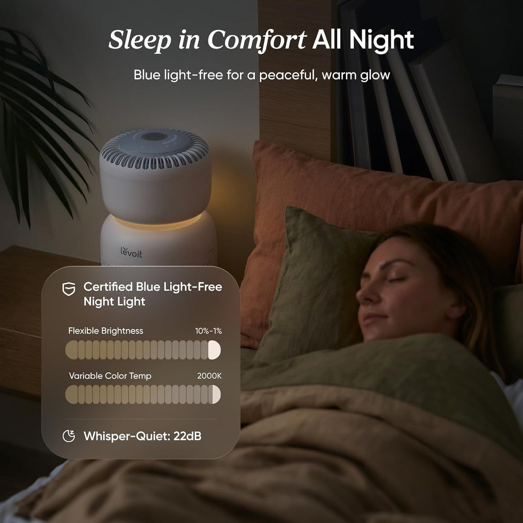 LEVOIT Air Purifier for Home Bedroom with HEPA Filter, White Noise Sound Machine and Blue Light-Safe Night Light Support Better Sleep, AHAM VERIFIDE, 5 Air Quality Monitor, Smart WiFi, Sprout