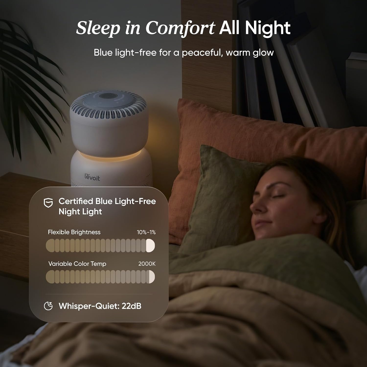 LEVOIT Air Purifier for Home Bedroom with HEPA Filter, White Noise Sound Machine and Blue Light-Safe Night Light Support Better Sleep, AHAM VERIFIDE, 5 Air Quality Monitor, Smart WiFi, Sprout