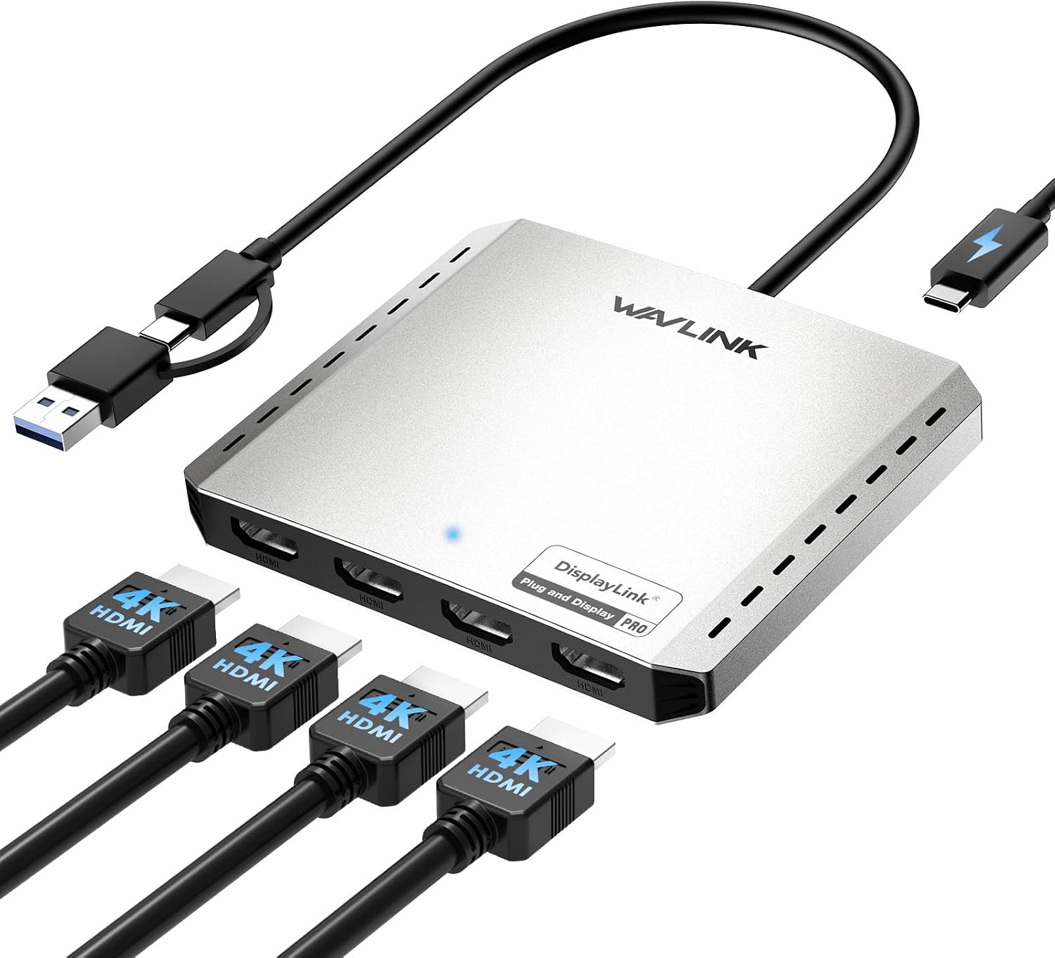 WAVLINK USB 3.0 or USB-C to Quad HDMI Splitter Extended Display for Four Monitor with 85W PD, Displaylink Adapter 4 HDMI 4K@60Hz for Mac M1-M5/Macbook Neo or Windows 10/11, Driver Required