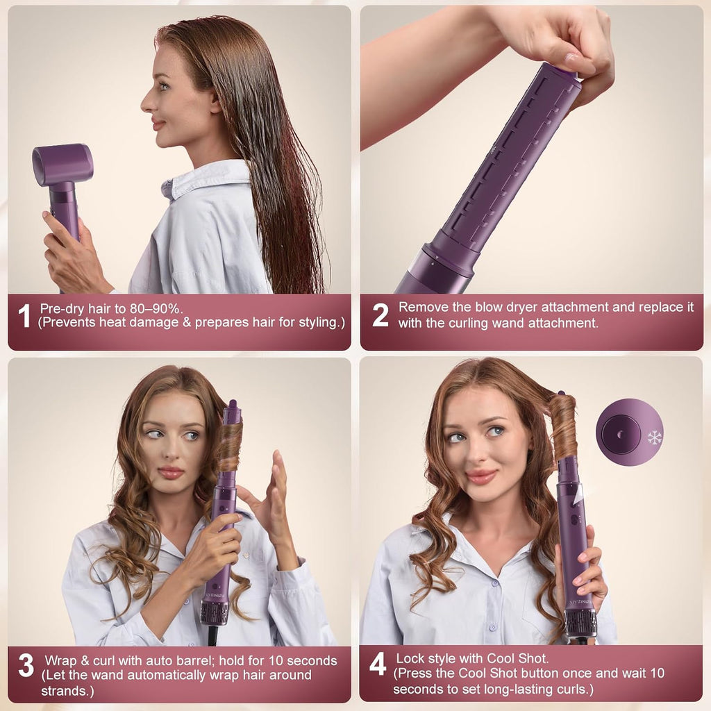 StyleVibe 8-in-1 Air Styler, Hair Dryer & Blow Dryer Brush with Travel Case - Auto Wrap Curls (L/R), Fast Drying, Thermal Round Brush for Smooth Blowouts & Frizz-Free Volume, No Heat Damage