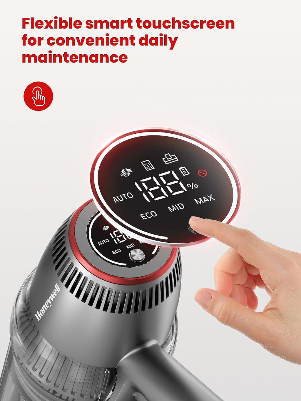 Honeywell Smart Cordless Vacuum Cleaner w/Automatic Adjustment, 10-in-1 Lightweight Stick with 3000mAh Battery 70Mins Runtime, Rechargeable Vacuum for Pet Hair/Carpet/All Floor, VC14, Graphite/Red