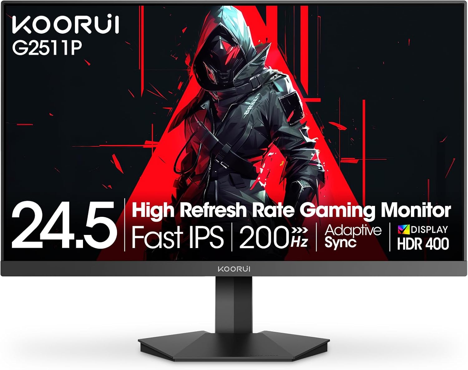 KOORUI 24.5 Inch Gaming Monitor 200Hz, 1ms, FHD(1920 * 1080p) IPS Display, HDR400, 90% DCI-P3 Color Gamut with Adaptive Sync, HDMI & DP Port, Black, G2511P