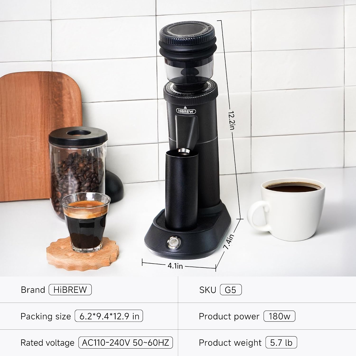 HIBREW G5 Single-Dose Espresso Grinder with Conical Burr, Magnetic Dosing Cup, Metal Housing, Dual-Speed Adjustment, 36-Step Micro Grind Settings - for Espresso Moka Pots & Drip Coffee (Graphite)