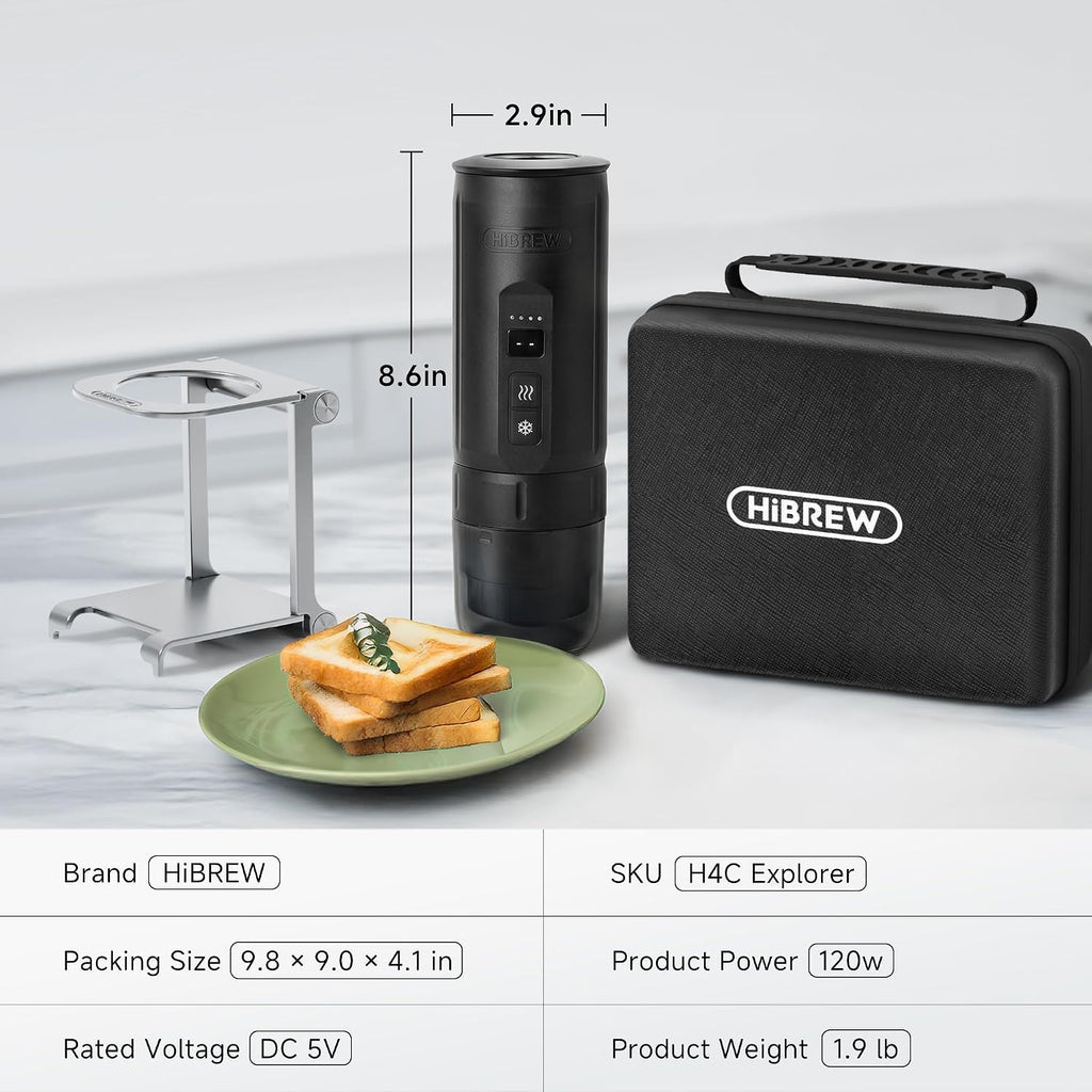 HIBREW H4C Explorer - Portable Electric Espresso Machine, USB-C Rechargeable Coffee Machine for Camping and Travel, Compact for Capsules & Ground Coffee, with Foldable Holder & Carrying Case (Black)