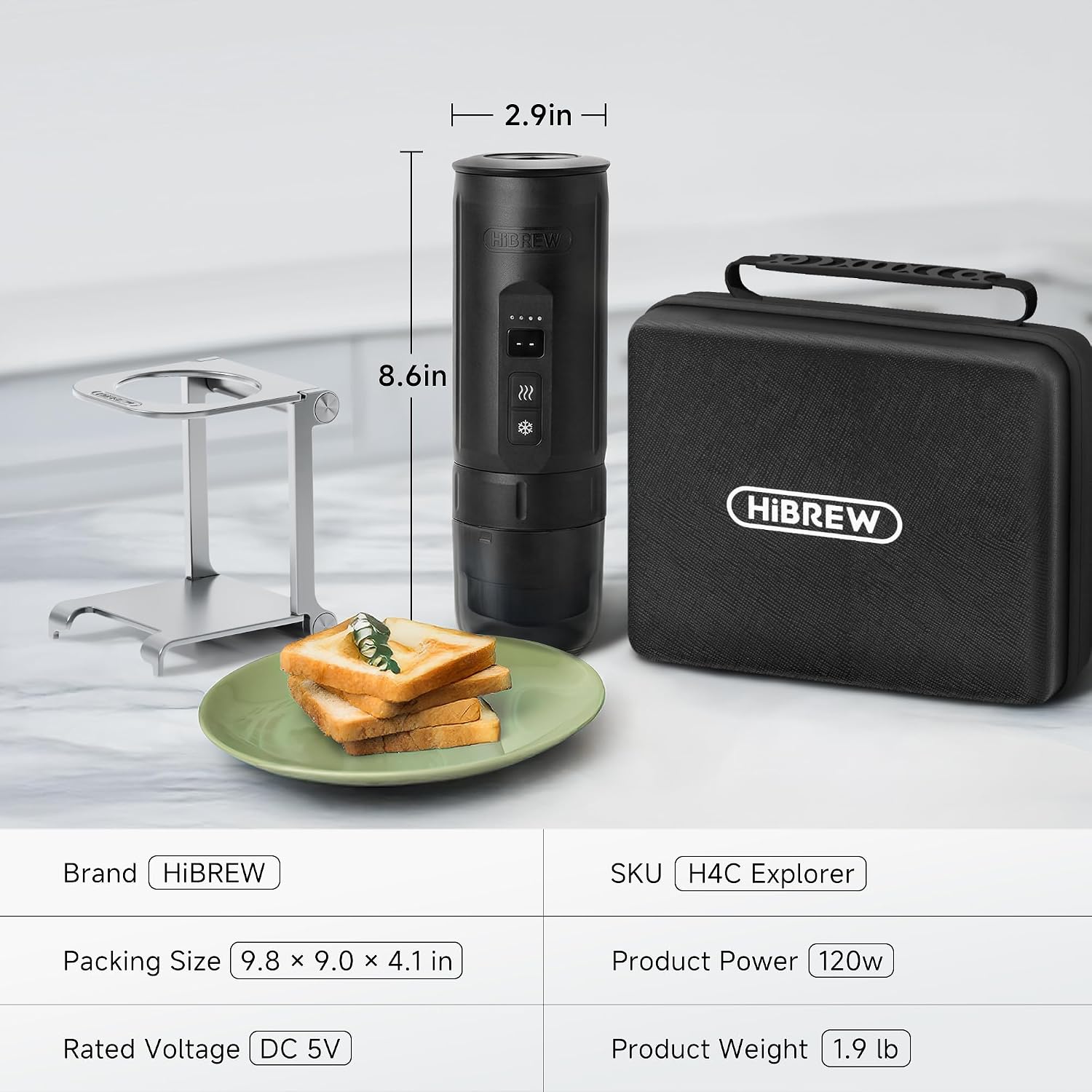 HIBREW H4C Explorer - Portable Electric Espresso Machine, USB-C Rechargeable Coffee Machine for Camping and Travel, Compact for Capsules & Ground Coffee, with Foldable Holder & Carrying Case (Black)