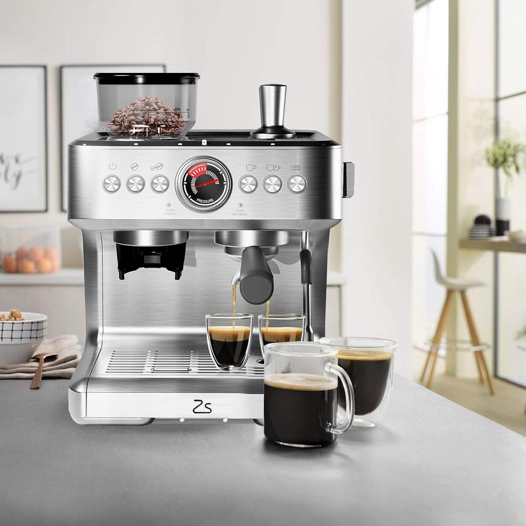 GlowSol Espresso Machine with Bean Grinder, Semi Automatic Espresso Machine, 20-Bar Espresso Maker with Milk Frother Steam Wand 2.8L Water Tank, Home Espresso Coffee Maker for Latte, Cappuccino