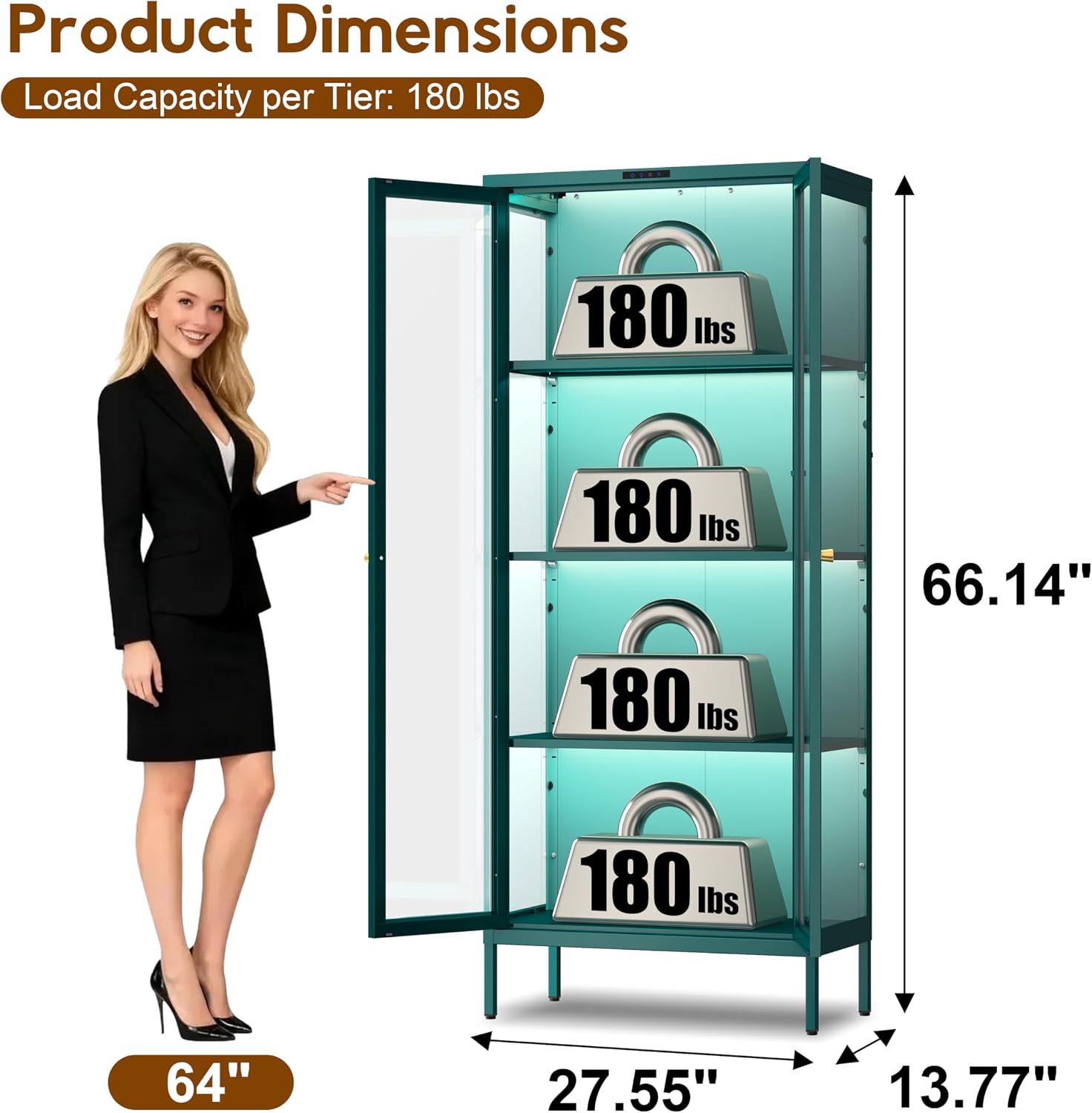 UNICOLY Display Cabinet with Glass Doors, Glass Display Cabinet with 8 Color LED Lights, Curio Display Cabinet with 3 Shelves for Living Room, Plant, Display Shelf, Assembly Required, Green