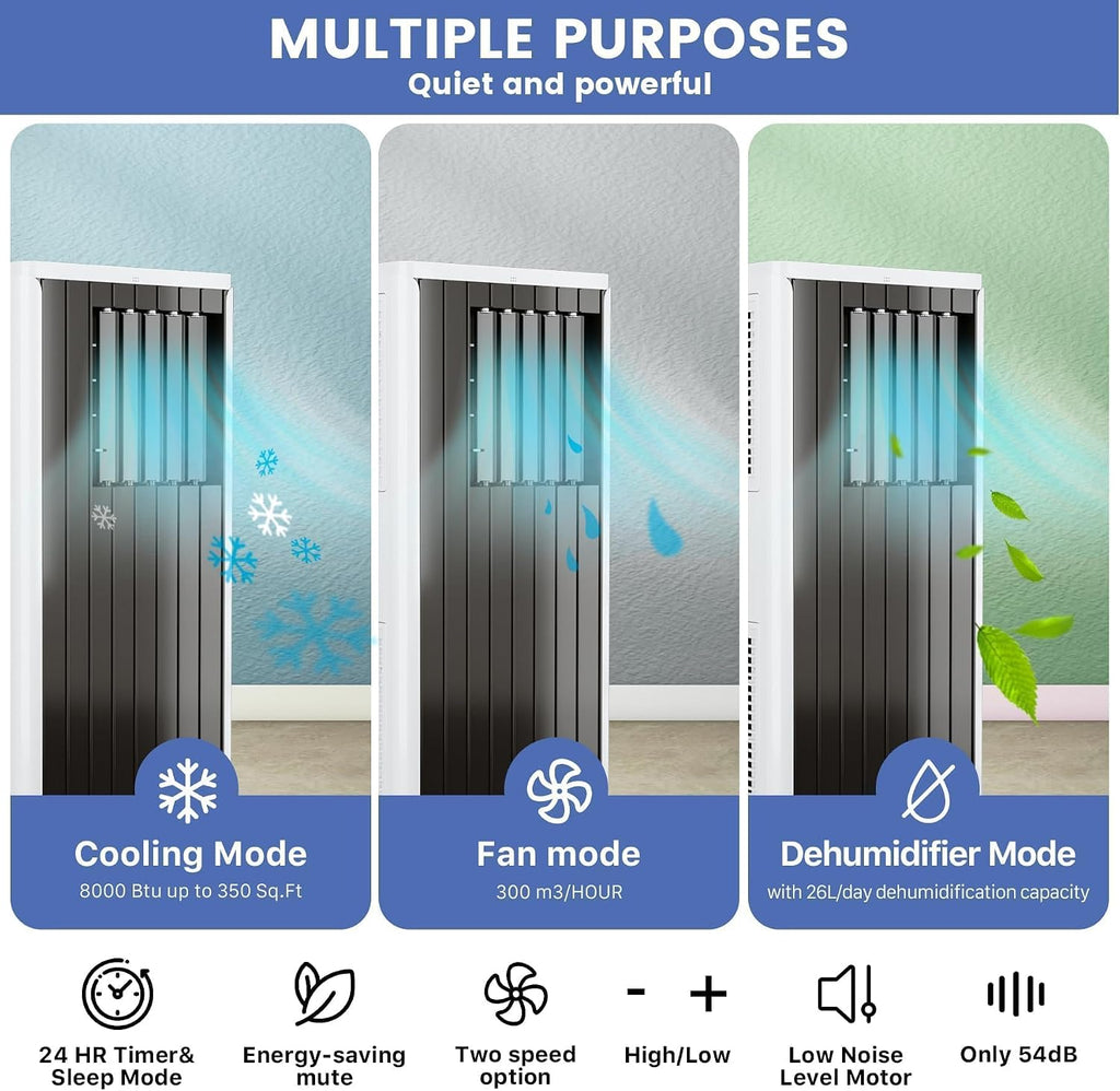 GarveeHome Quiet 8000 BTU Portable Air Conditioner with Fan & Dehumidifier, Energy Efficient AC Unit for Bedroom or Living Room, 3-In-1 Cooling with Auto Swing & Easy Installation Kit
